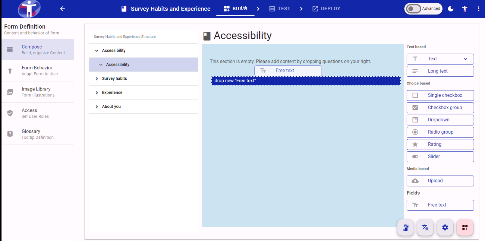 Screenshot showing a new 'Free Text' feild being added to the form.  By dragging the question type from the left hand column and dropping into the middle section of the page.